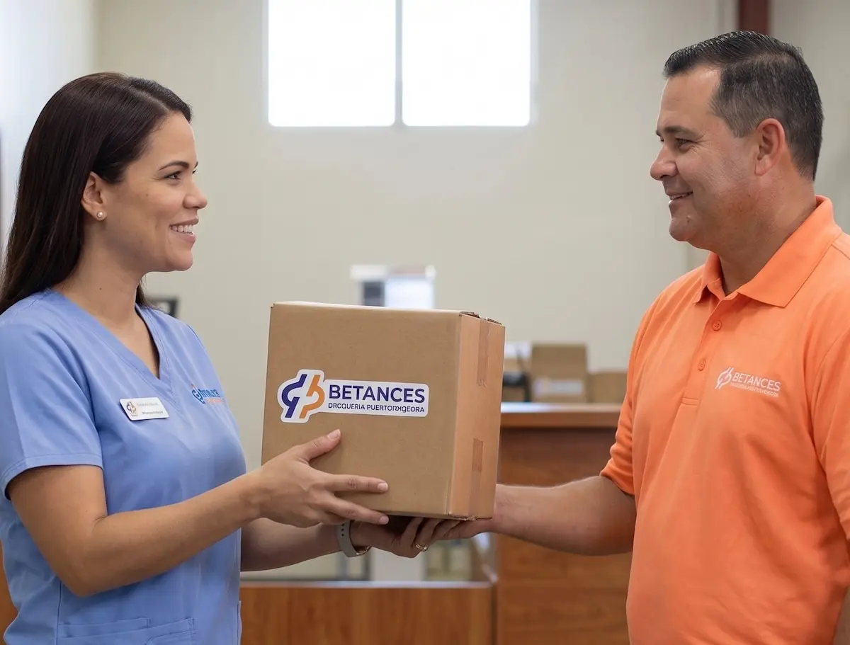 Representante de Droguería Betances entregando productos a una profesional de la salud