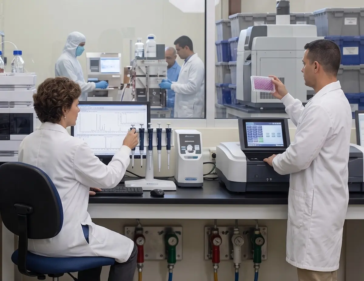 Equipo trabajando en el Laboratorio de Calidad de Droguería Betances